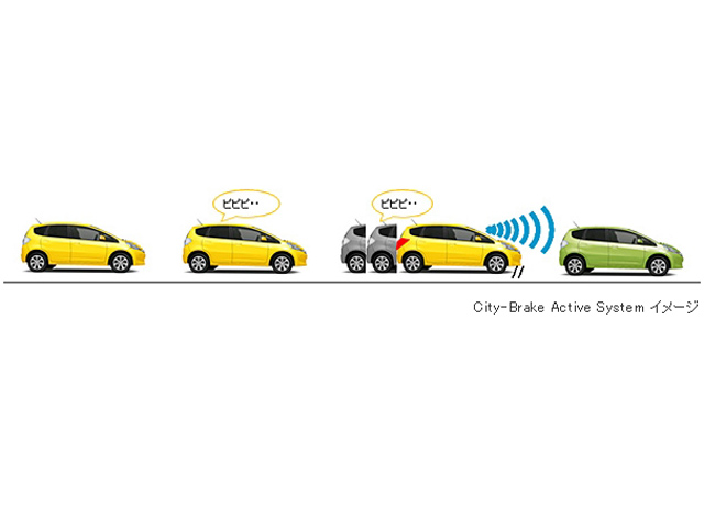 シティ ブレーキ アクティブ システム。約30km/h以下で走行中に衝突の危険をレーダーで感知すると警告を発し、減速しなかった場合には自動でブレーキがかかる