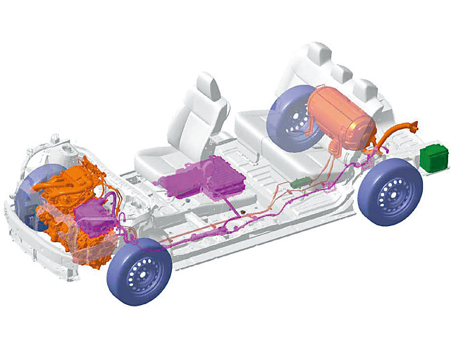 ▲1.5L LPGエンジンに、電気モーターが組み合わされるパワートレイン。駆動用バッテリーはキャビンの床下に、LPGタンクはリアシート後方に配置される