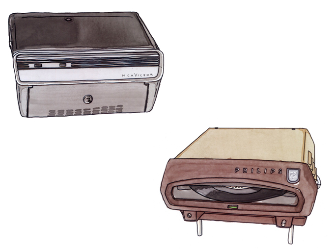 ▲クライスラーが発売したEP盤専用の「RCA45」（イラスト左）。14連奏のオートチェンジャー式で、再生が終わると1枚ずつディスクを落下させて連続演奏を実現した。RCA45とほぼ同時に発売されたフィリップスの「Automignon」（イラスト右）はカーCDのようなスロットイン方式を採用した1枚がけプレーヤー。RCA45とは対照的にシンプルなデザインで、アフターマーケット向け車載プレーヤーの記念すべき第1号である