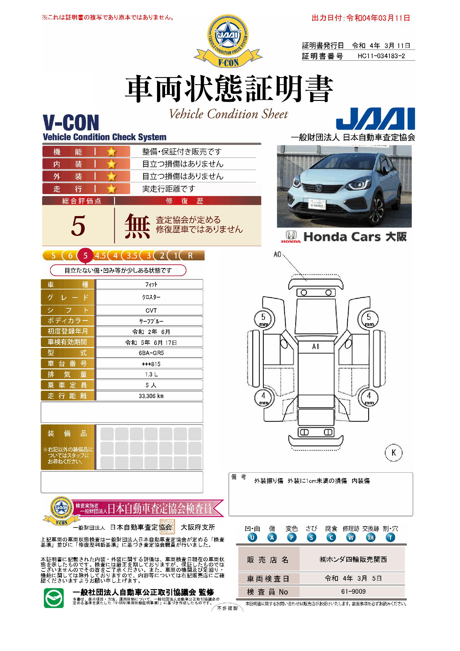 ホンダ フィット 1 3 クロスター メーカー認定車両品質評価書