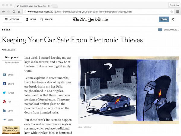 ▲ニューヨークタイムスのコラム「Keeping Your Car Safe From Electronic Thieves」がスマートキーの弱点について警鐘を鳴らした