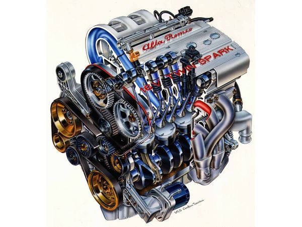 ▲イラストは90年代後半のアルファロメオ製16Vツインスパークエンジン。これ以前の8Vだったツインスパークエンジンは本気で低速スカスカであり、そこが逆に（ある意味）大いに魅力的だった