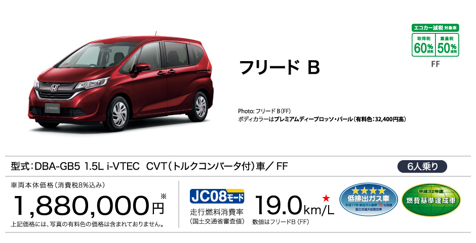 フリード B (型式：DBA-GB5 1.5L i-VTEC  CVT（トルクコンバータ付）車／FF 6人乗り)走行燃費消費率:19.0km/L（国土交通省審査値、JC08モード）、車両本体価格1,880,000円（消費税8%込み）。※有料色、メーカーオプションは含まれません。