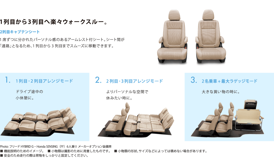 1列目から3列目まで楽々ウォークスルー、2列目キャプテンシート