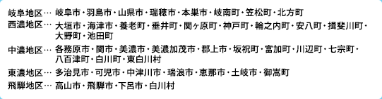 岐阜地区…岐阜市・羽島市・山県市・瑞穂市・本巣市・岐南町・笠松町・北方町、西濃地区…大垣市・海津市・養老町・垂井町・関ヶ原町・神戸町・輪之内町・安八町・揖斐川町・大野町・池田町、中濃地区…各務原市・関市・美濃市・美濃加茂市・郡上市・坂祝町・富加町・川辺町・七宗町・八百津町・白川町・東白川村、東濃地区…多治見市・可児市・中津川市・瑞浪市・恵那市・土岐市・御嵩町、飛騨地区…高山市・飛騨市・下呂市・白川村