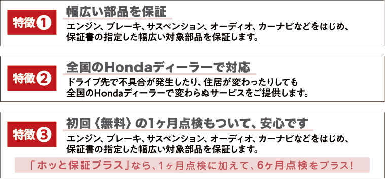 特典1／幅広い部品を保障　特典2／全国のHondaディーラーで対応　特典3／初回〈無料〉の1ヶ月点検もついて、安心です